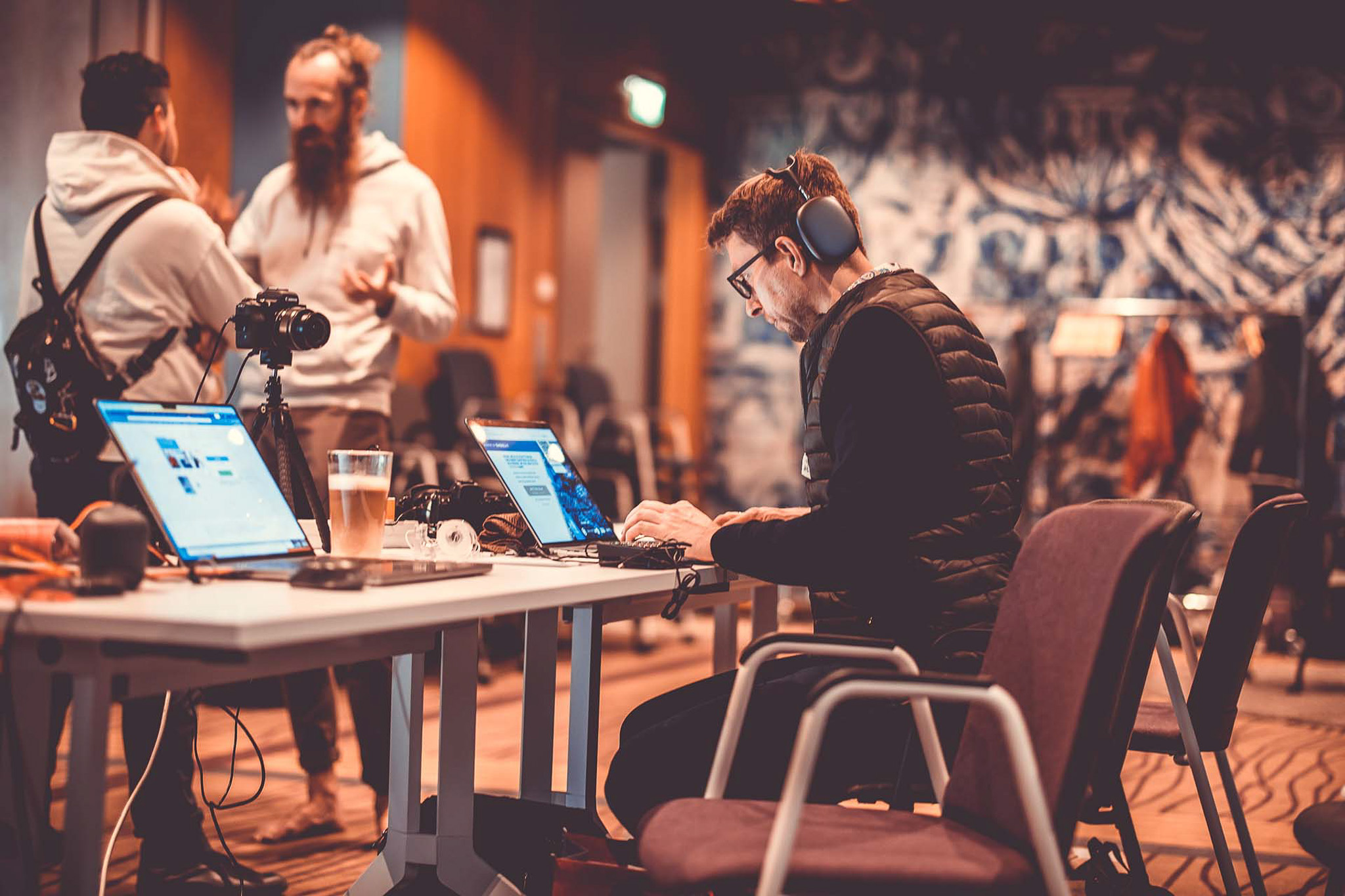 Streaming desk behind the scenes with headphones